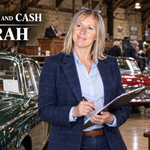 Bangers and Cash Sarah with classic cars at a British auction house