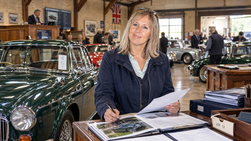 Sarah working behind the scenes at a classic car auction show