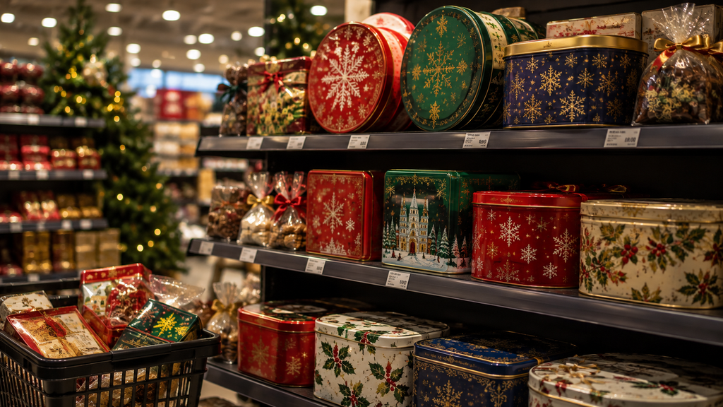 Christmas tinned treats in UK shops featuring festive biscuit and chocolate tins