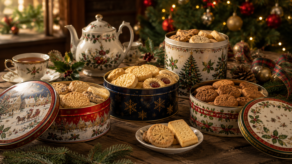 Traditional Christmas biscuit tins with classic shortbread and festive British treats