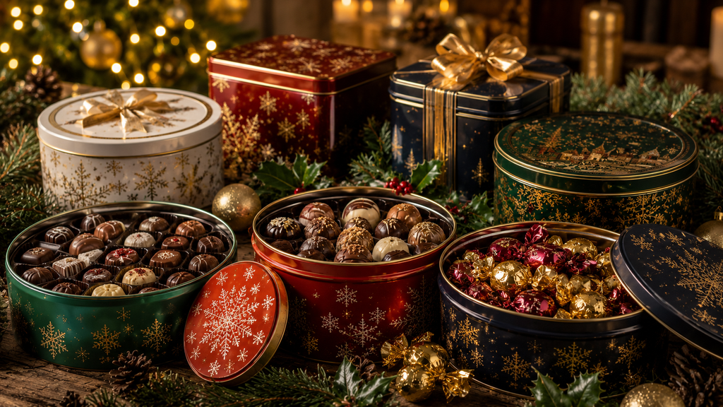 Indulgent Christmas chocolate and confectionery tins filled with festive treats