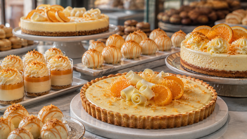 UK chocolate orange dessert trend featuring white chocolate, fresh orange and artisan pastries