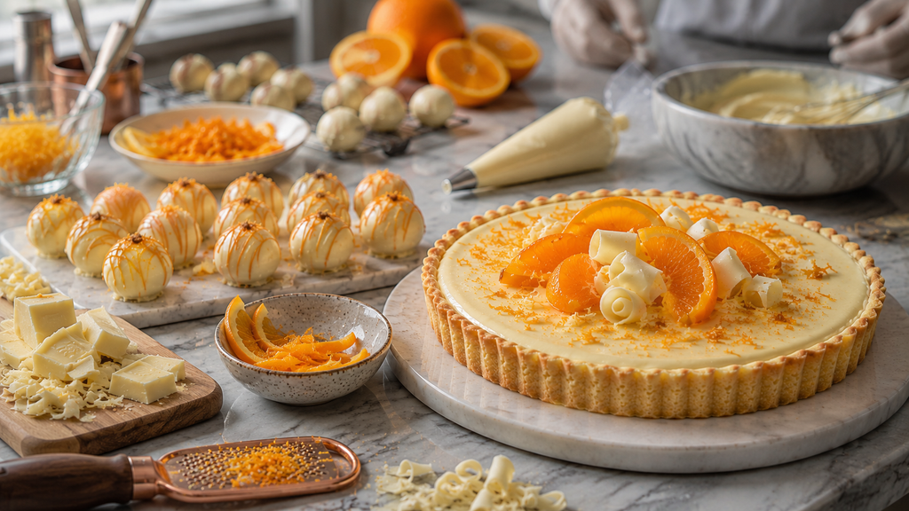 Artisan chocolatiers creating white chocolate orange desserts in a professional kitchen
