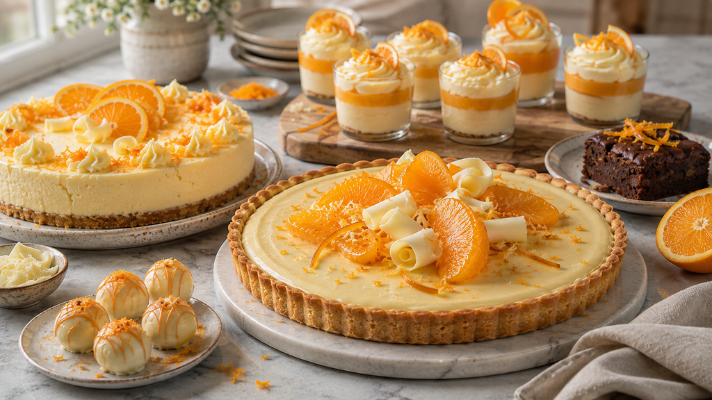 White chocolate orange dessert ideas including tart, cheesecake, mousse and truffles