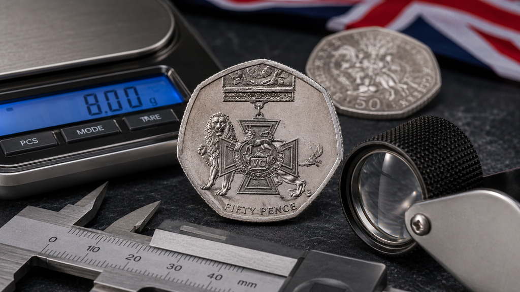 Correct 50p VC coin design and specifications being checked for authenticity in the UK