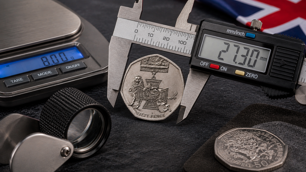 Physical checks for verifying a genuine 50p VC coin before buying in the UK
