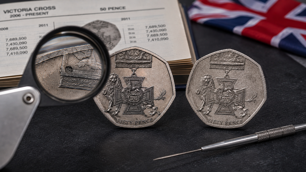 Genuine 50p VC minting error compared with normal wear and misleading coin claims