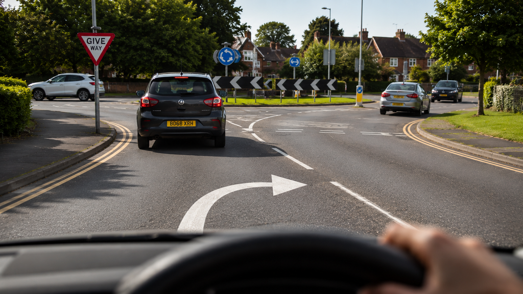 UK driver approaching a curved arrow road marking at a junction