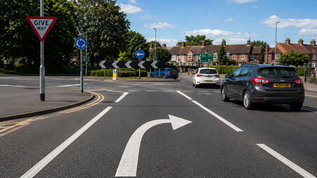 UK curved arrow road marking alongside traffic signs at a junction