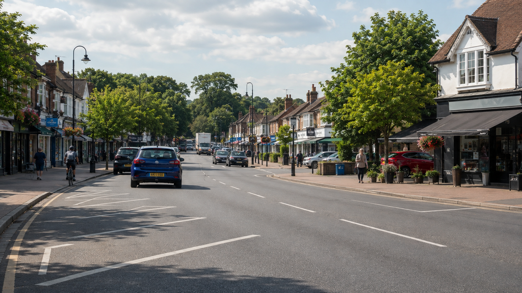 Benfleet Road in Essex with local traffic, shops and nearby amenities